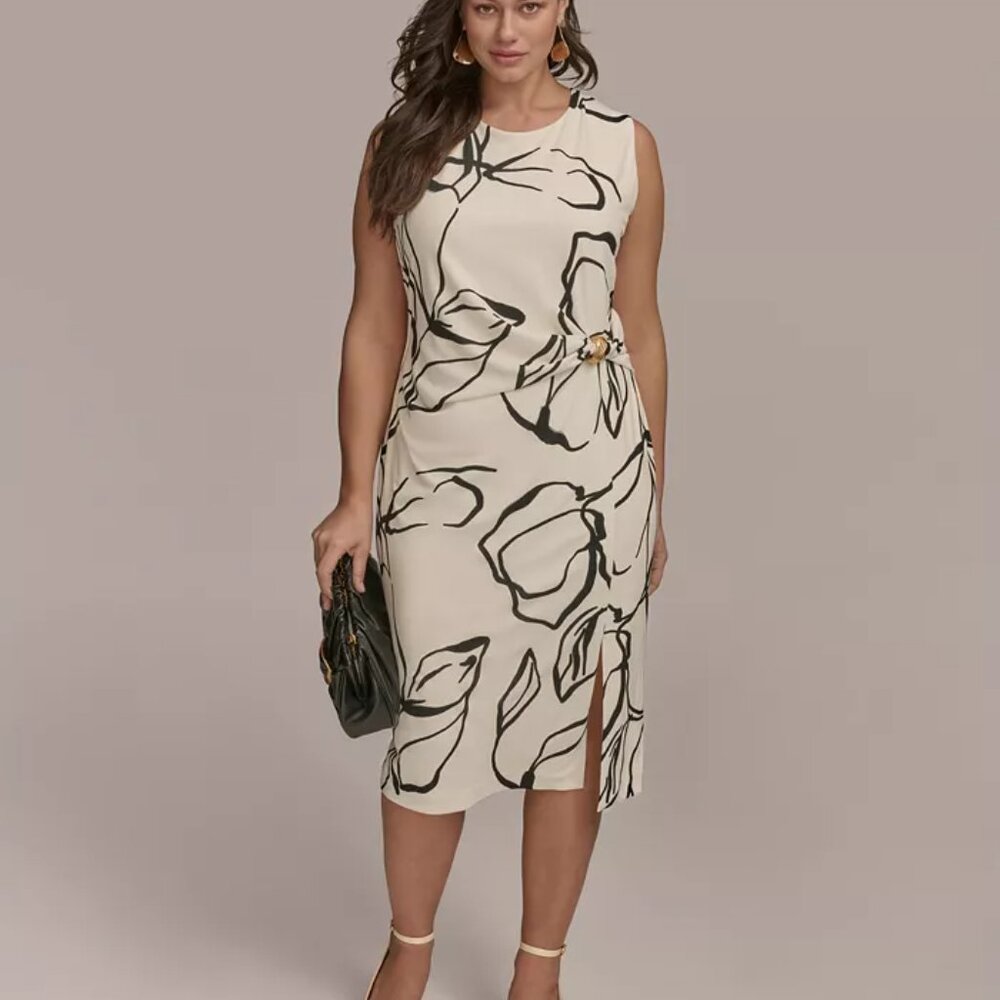 Donna Karan Cream Midi Dress with Black Floral Print